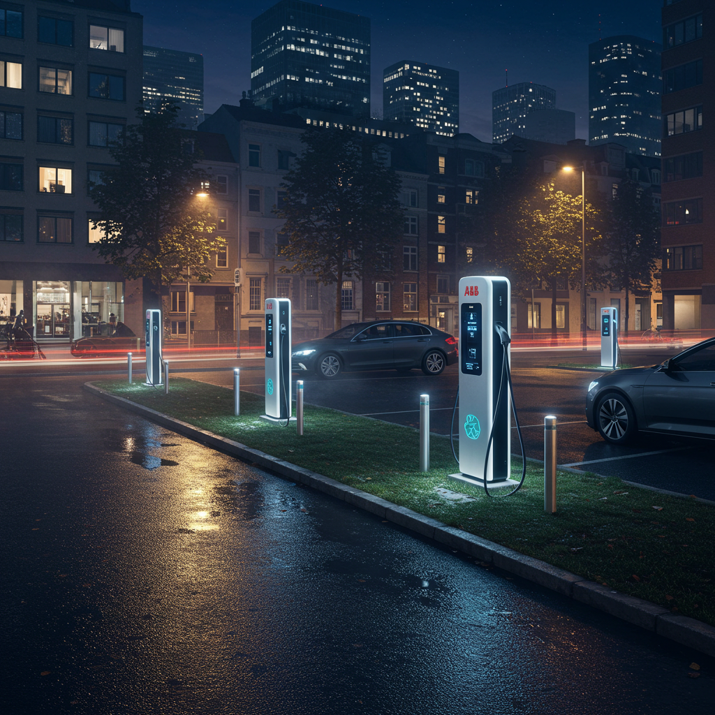 abb ladestander i byen om natten
